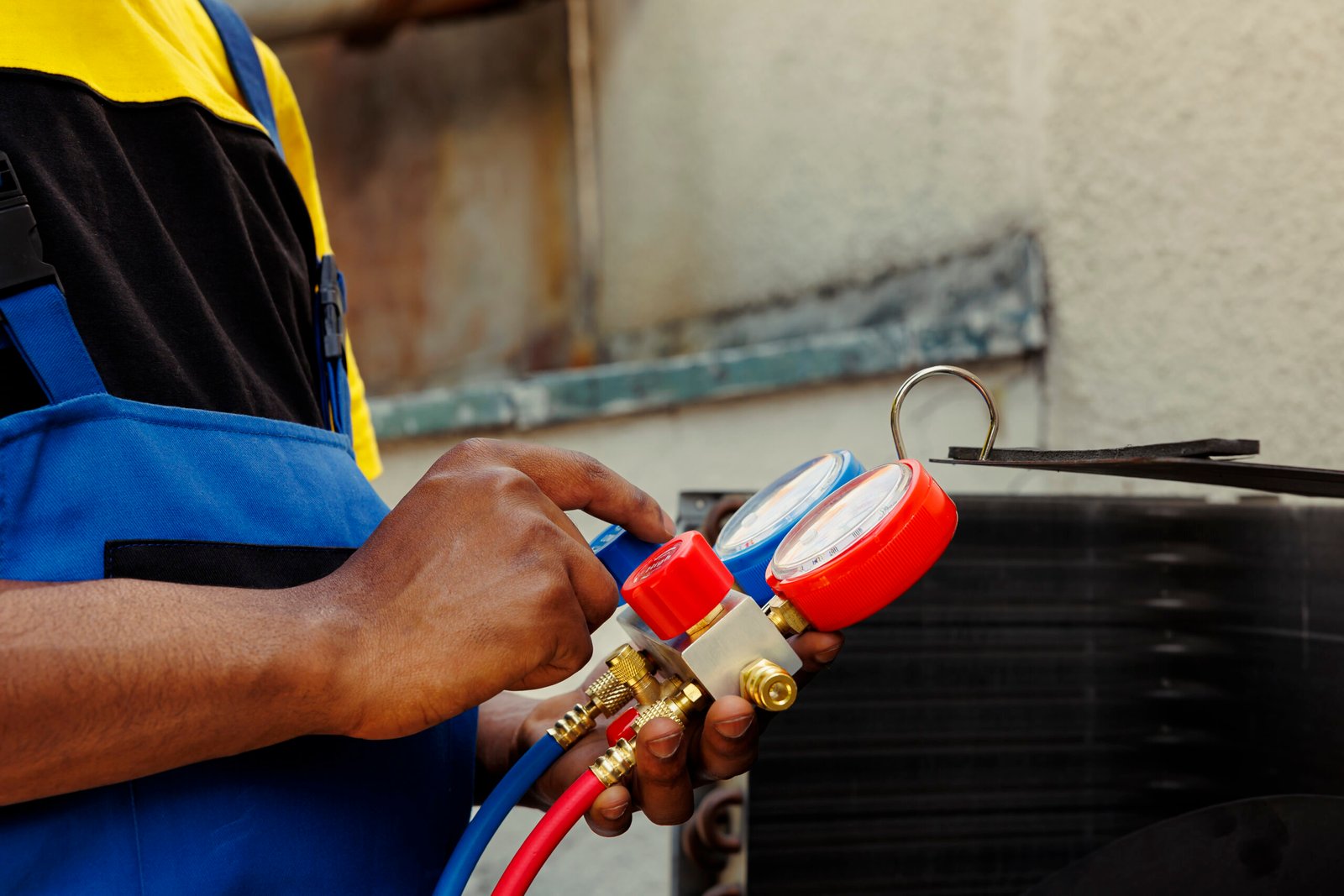 Technician safely uninstalling an air conditioner