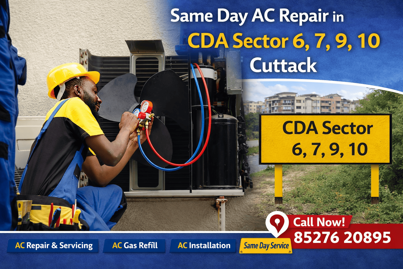 AC repair service in CDA Sector Cuttack technician checking outdoor unit gas pressure and cooling system