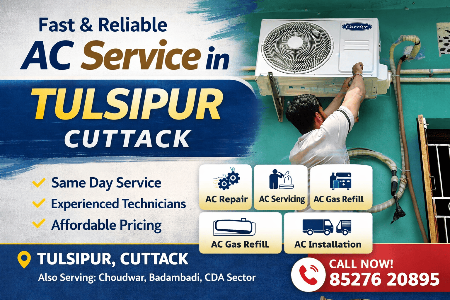 Same day AC service in Tulsipur Cuttack by professional technician repairing split AC unit