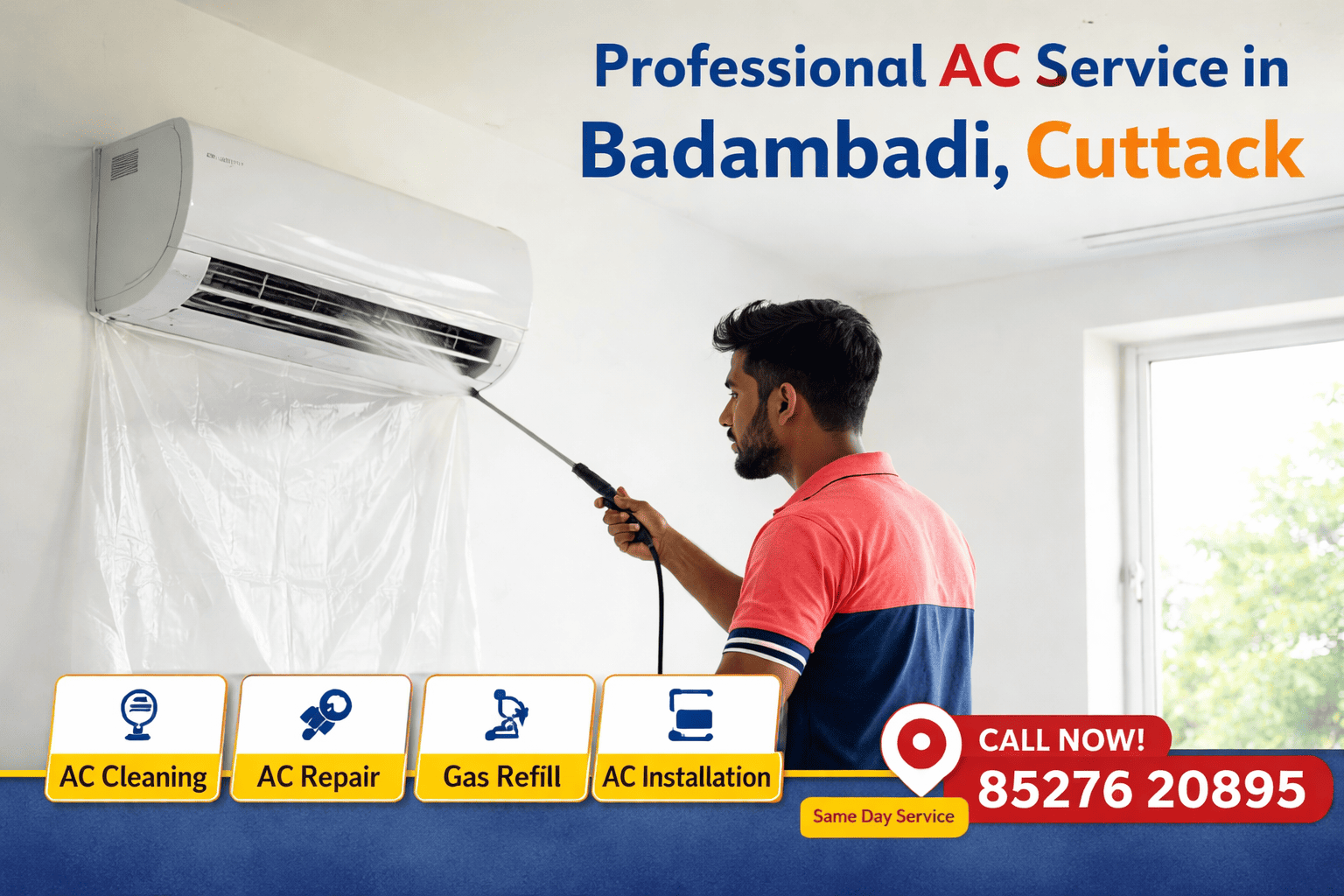AC cleaning service in Badambadi Cuttack technician performing split AC jet wash service at home