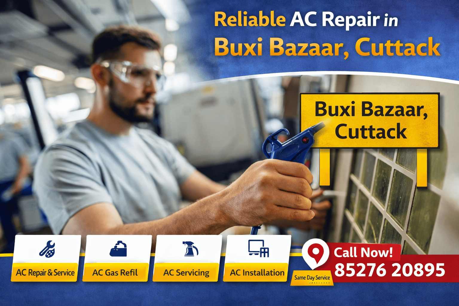 AC repair technician cleaning air conditioner filter at Buxi Bazaar Cuttack for same day AC service