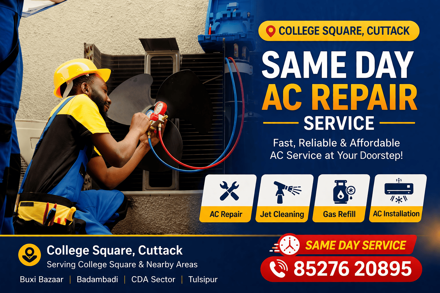 Same Day AC Repair Service in College Square Cuttack – Professional Technician Servicing Outdoor Unit