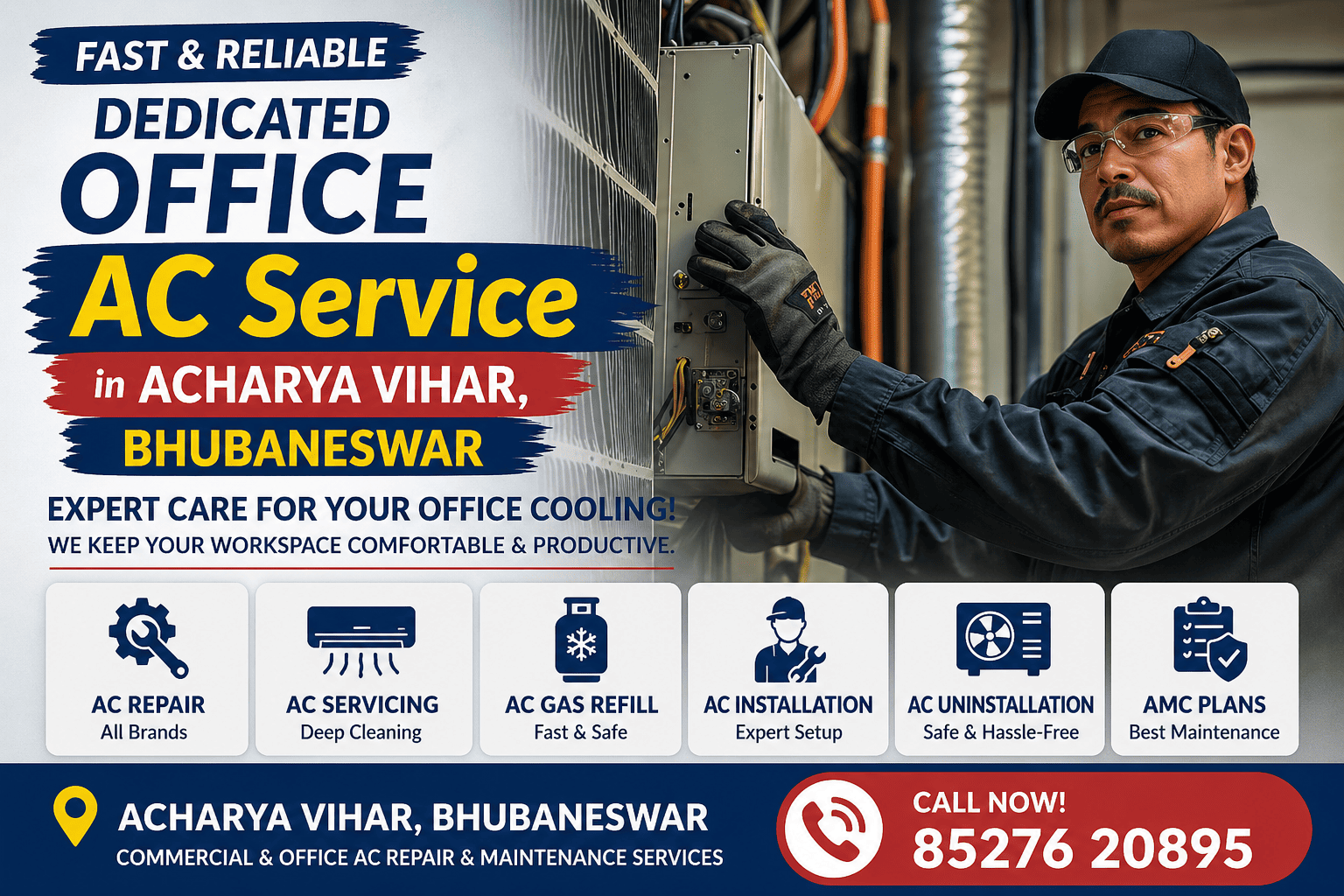 Technician repairing office AC in Acharya Vihar Bhubaneswar