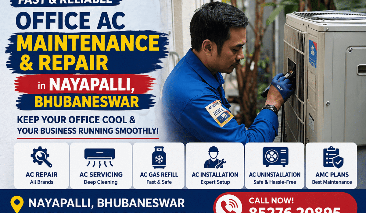 Technician repairing office AC in Nayapalli Bhubaneswar
