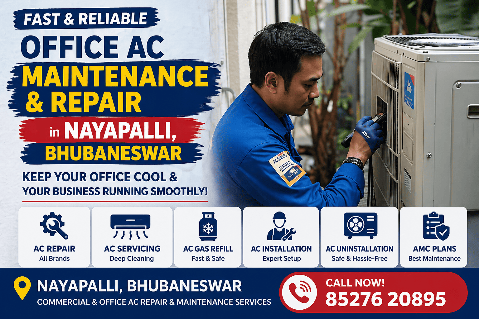 Technician repairing office AC in Nayapalli Bhubaneswar