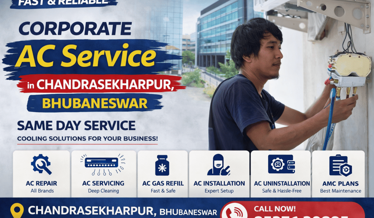 Technician repairing office AC system in Chandrasekharpur Bhubaneswar