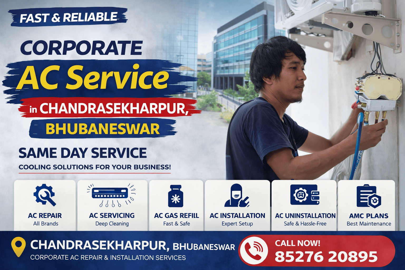 Technician repairing office AC system in Chandrasekharpur Bhubaneswar