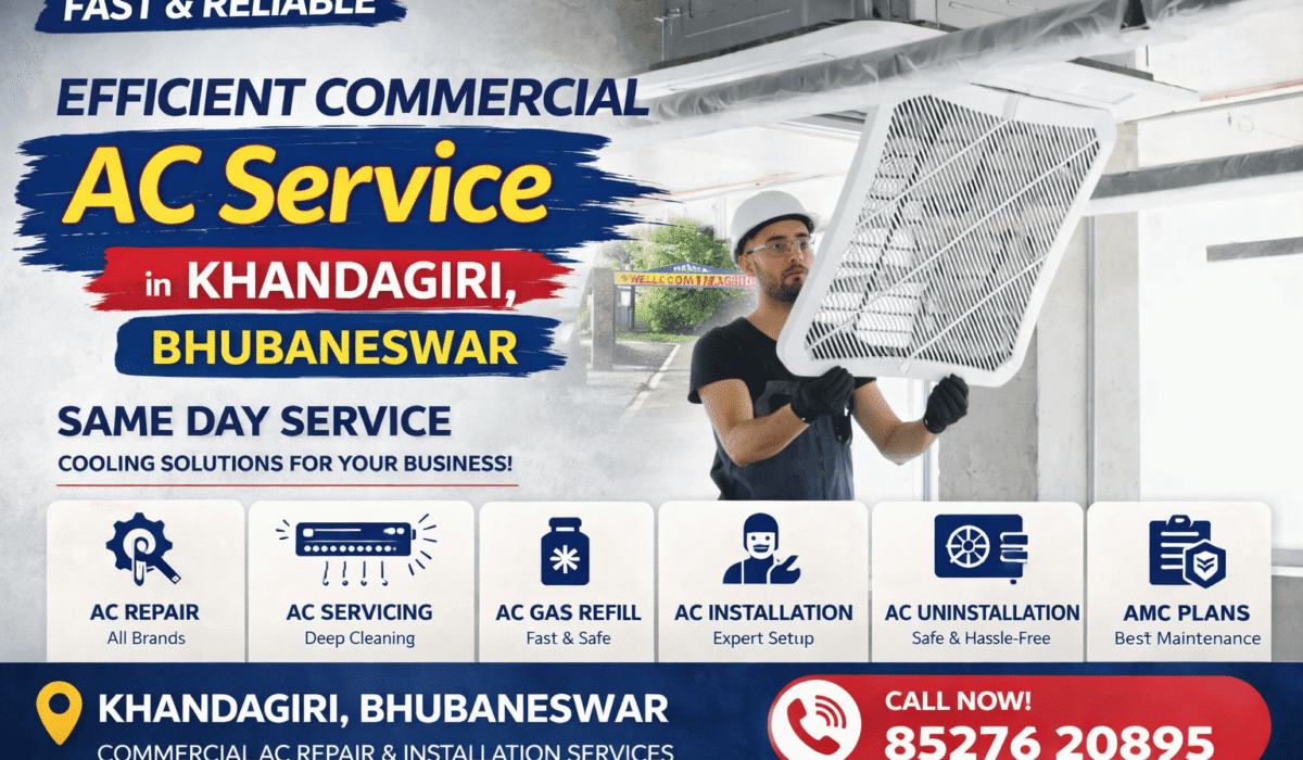 Technician handling ceiling cassette air conditioner panel in Khandagiri Bhubaneswar for commercial AC repair and maintenance services