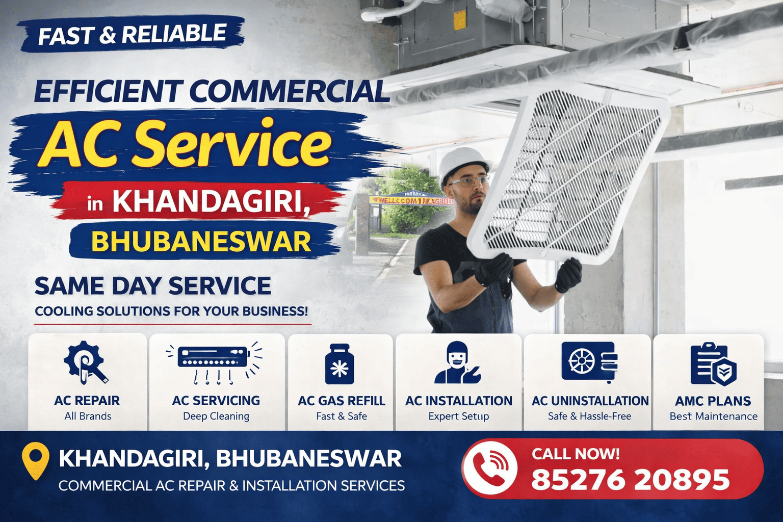 Technician handling ceiling cassette air conditioner panel in Khandagiri Bhubaneswar for commercial AC repair and maintenance services