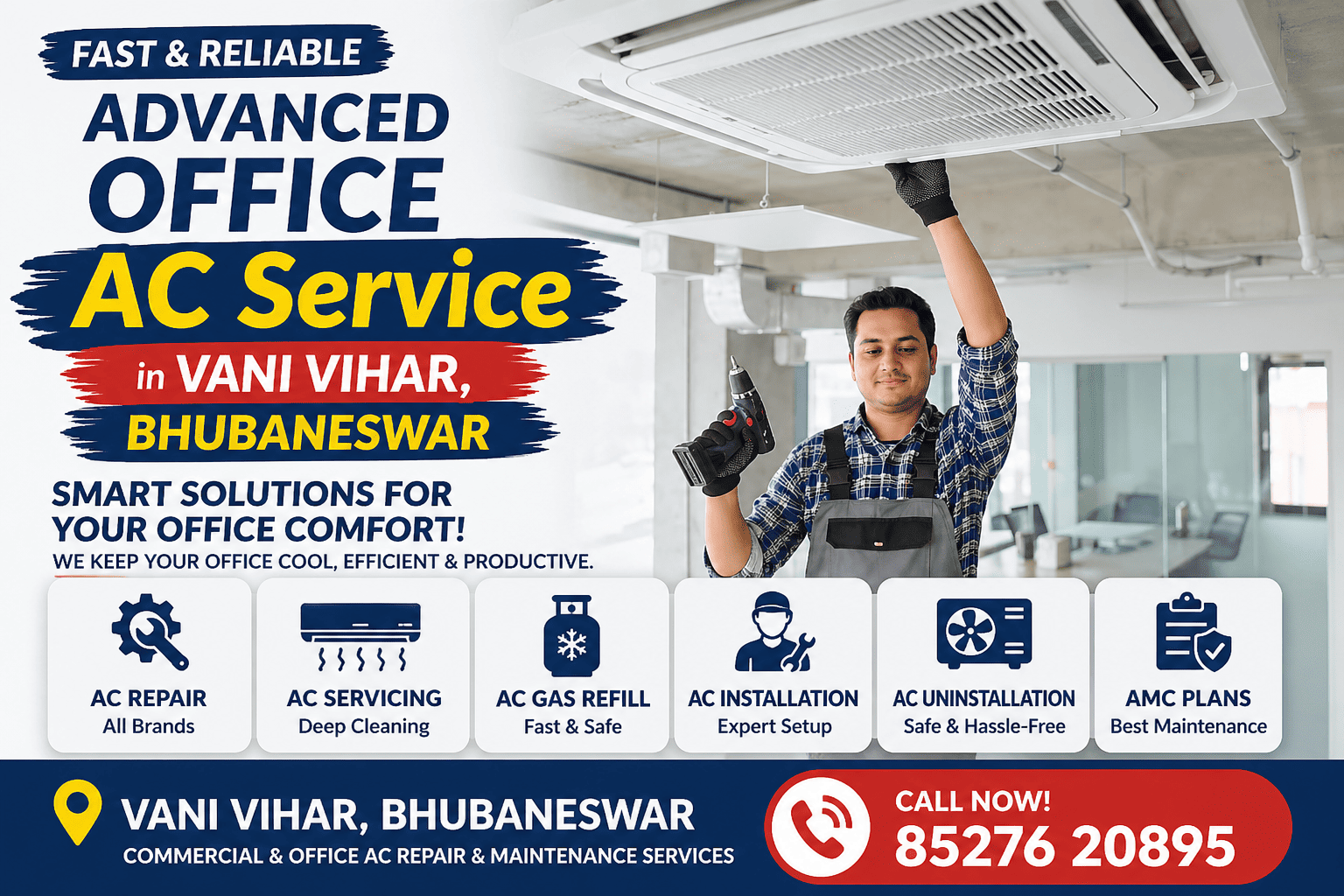 Technician servicing office AC in Vani Vihar Bhubaneswar