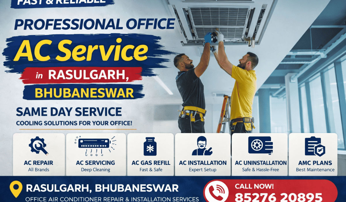 Technicians servicing ceiling cassette air conditioner in office in Rasulgarh Bhubaneswar for repair, installation and maintenance services
