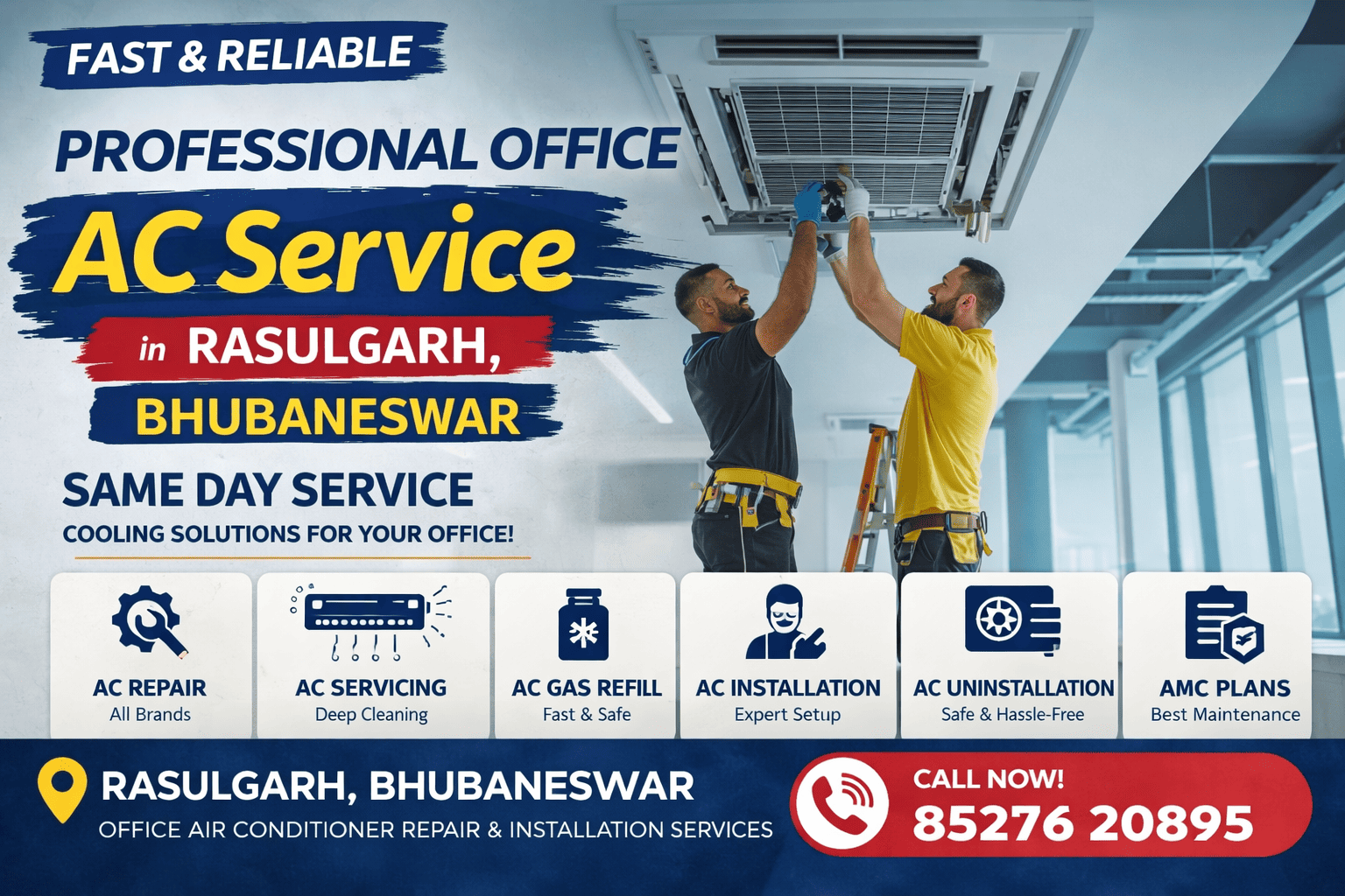 Technicians servicing ceiling cassette air conditioner in office in Rasulgarh Bhubaneswar for repair, installation and maintenance services