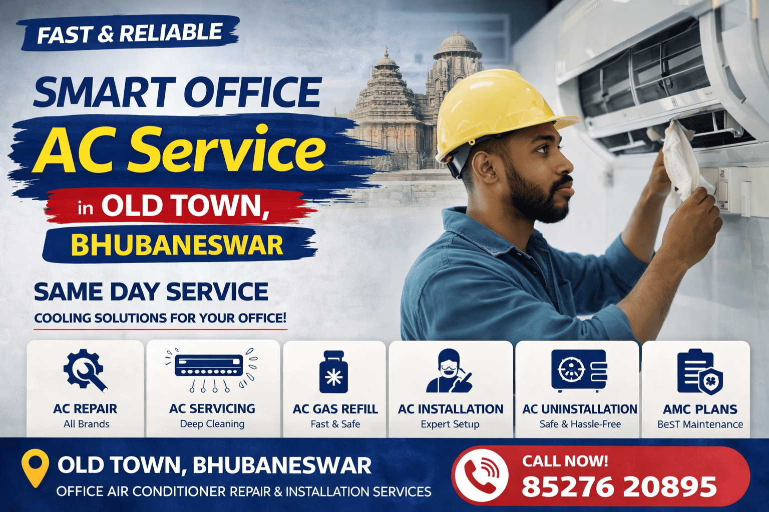 Technician cleaning and servicing wall mounted air conditioner in Old Town Bhubaneswar for office AC repair and maintenance services