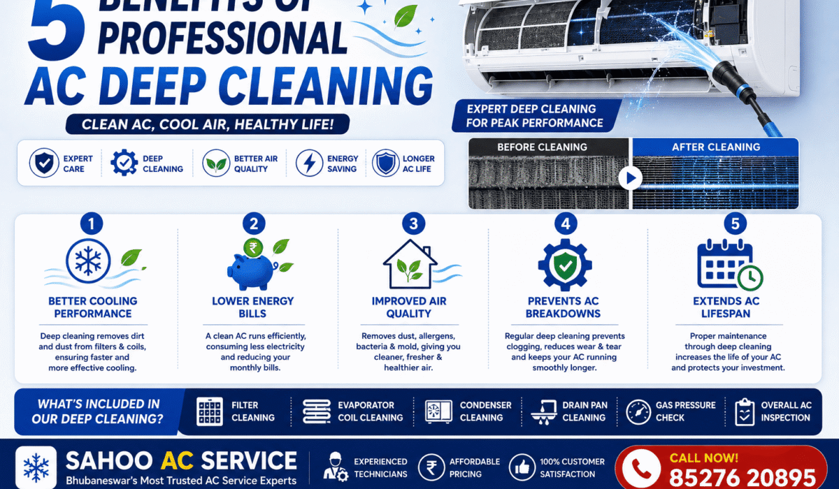 5 benefits of professional AC deep cleaning infographic showing improved cooling, energy savings, better air quality and longer AC lifespan