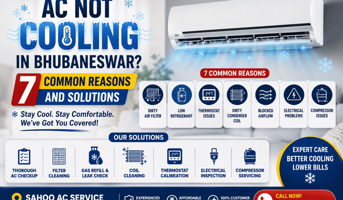 AC not cooling in Bhubaneswar infographic showing 7 common reasons including dirty air filter, low refrigerant, thermostat issues and compressor problems
