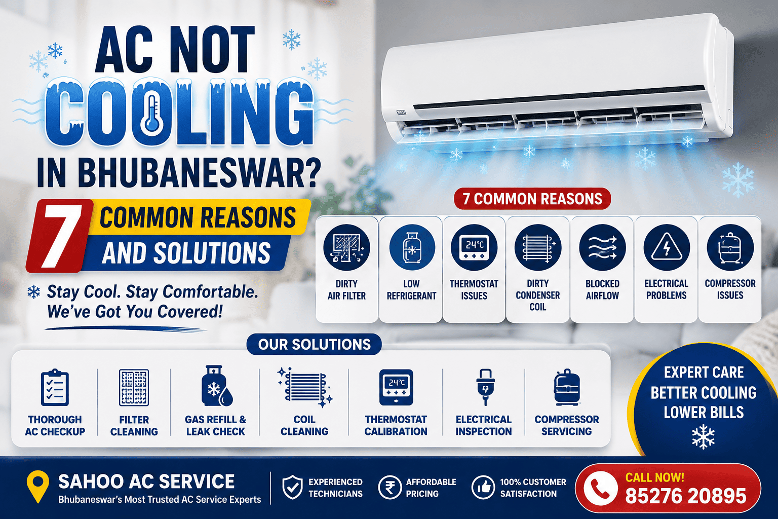 AC not cooling in Bhubaneswar infographic showing 7 common reasons including dirty air filter, low refrigerant, thermostat issues and compressor problems