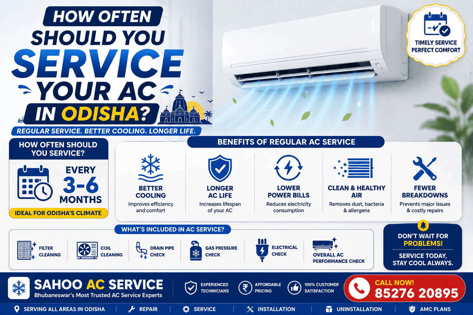 How often should you service your AC in Odisha infographic showing AC service schedule, maintenance benefits, filter cleaning and performance checks