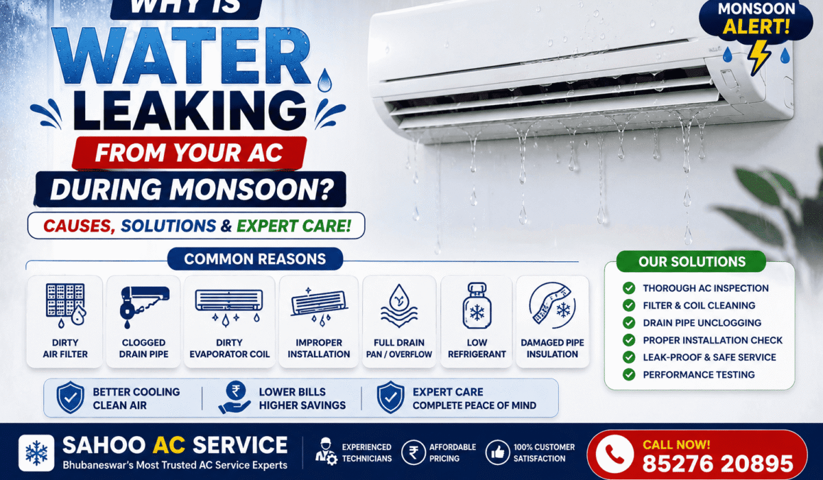 Why is water leaking from your AC during monsoon infographic showing AC water leakage causes, drain pipe blockage, dirty filters and repair solutions