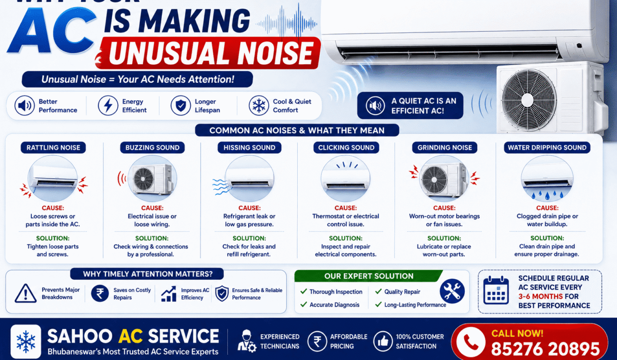 Why your AC is making unusual noise infographic showing common AC sounds, causes, troubleshooting tips and maintenance solutions